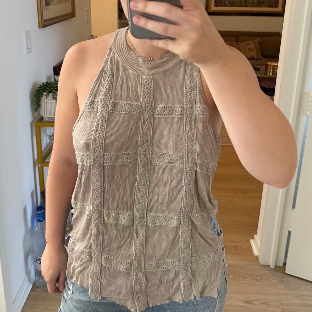 Beige Sleeveless Lace Top